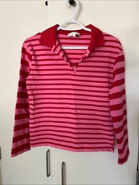 English Factory Pink & Red Striped Long Sleeve Polo Top